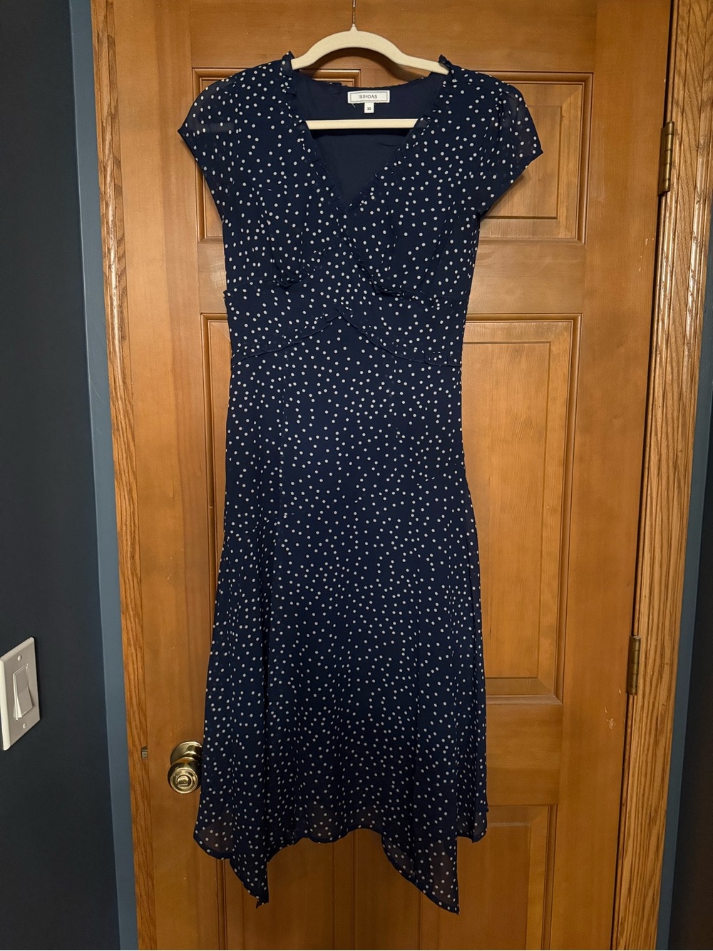 RIHOAS Navy Polka Dot Surplice Cap Sleeve Dress